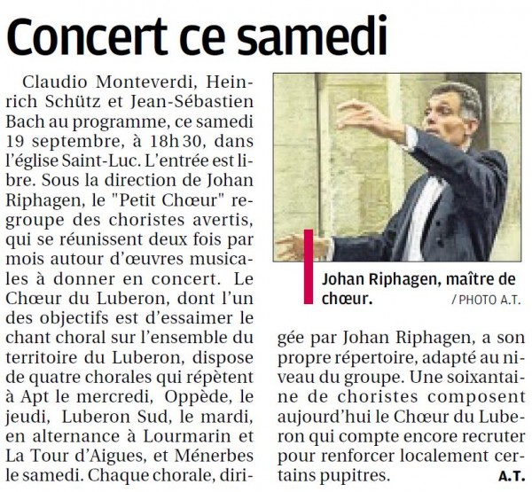 La Provence 19-9-2015 : annonce du concert du Petit Chœur à Ménerbes